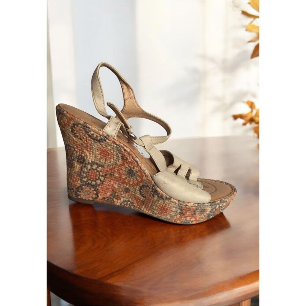 Born Platform Sandals Womens 10 High Wedge Floral Orange Braided Slingback Boho - Picture 12 of 12